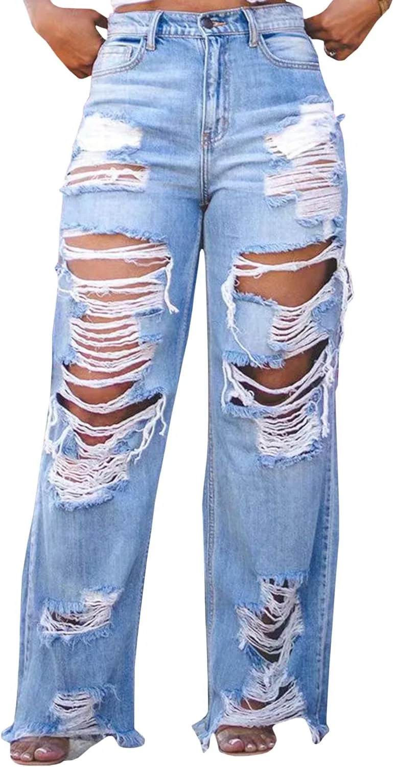 

SOMTHRON женские джинсы с высокой талией, рваные и потертые, прямые широкие