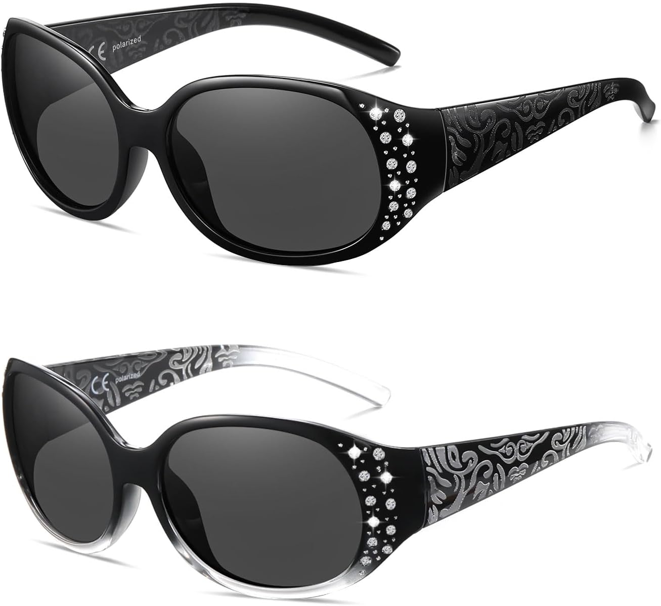 

Женские поляризованные солнцезащитные очки Wzerry, солнцезащитные очки с оправой, украшенные стразами, модные солнцезащитные очки с защитой UV400 для вождения, Black/Grey + Gradient Black/Gery
