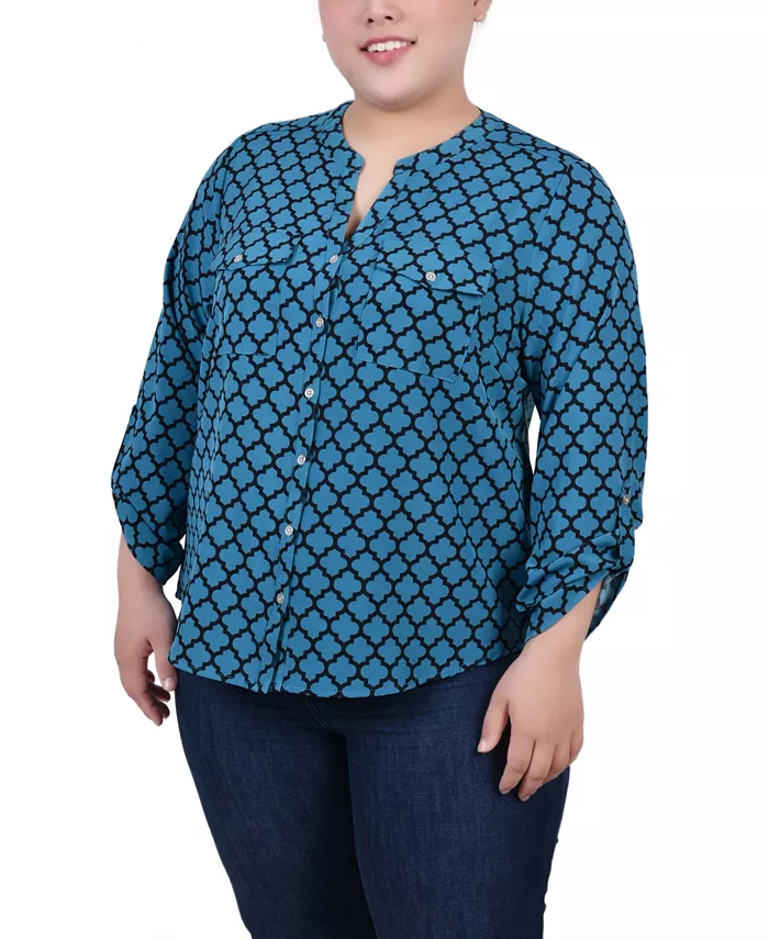 

Блуза с рукавом 3/4 и воротником Y-образного кроя Plus Size NY Collection, мультиколор
