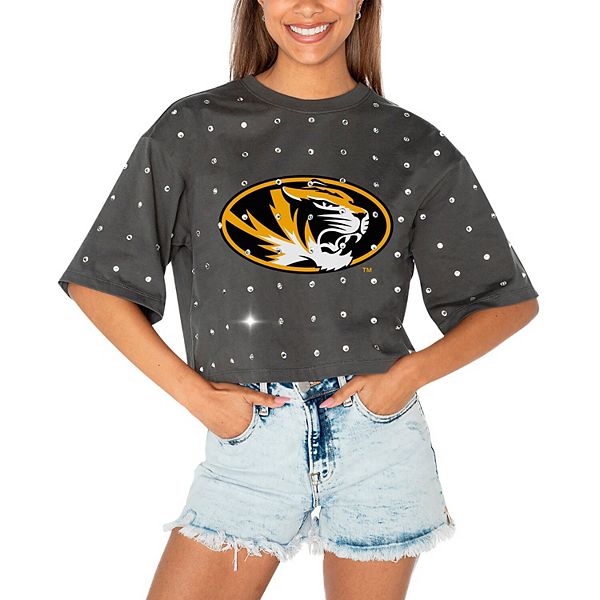 

Женская серая футболка crop missouri tigers go time rhinestone Gameday Couture