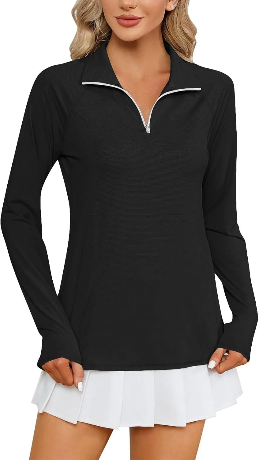 

Женская футболка с защитой от солнца 1/4 молнии, длинный рукав, быстросохнущая, с отверстиями для большого пальца и карманами
