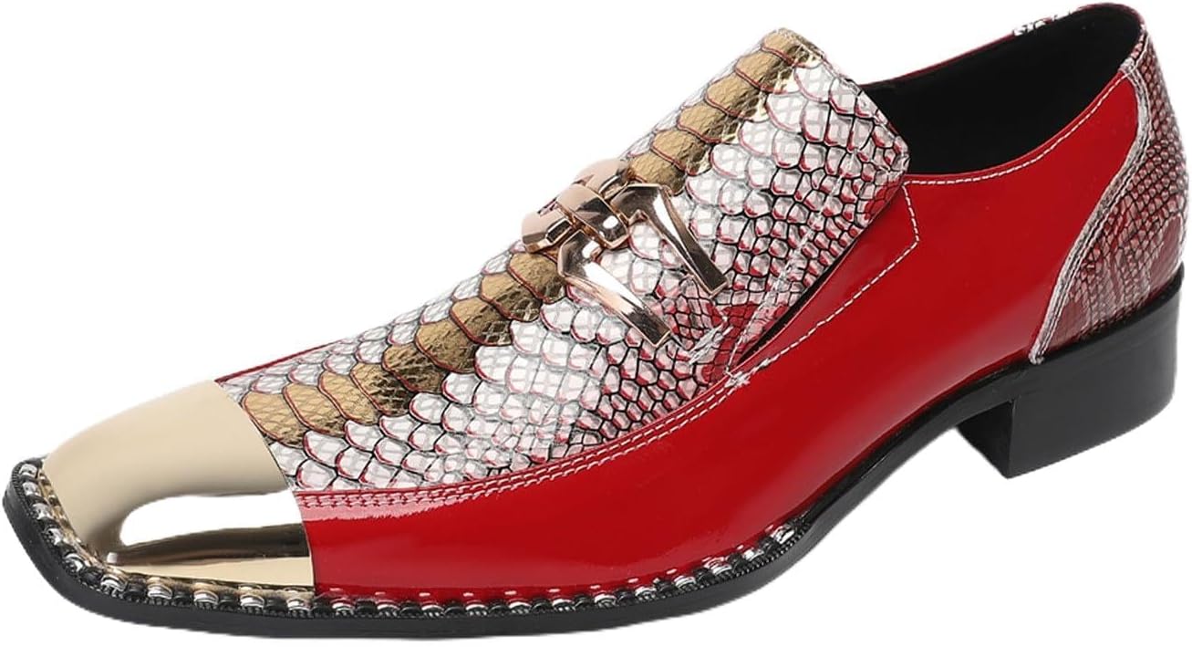 

Мужские кожаные лоферы Santimon без шнурков - повседневные и нарядные западные туфли с пайетками и металлическим квадратным носком для свадьбы и вечеринки с курением, красный