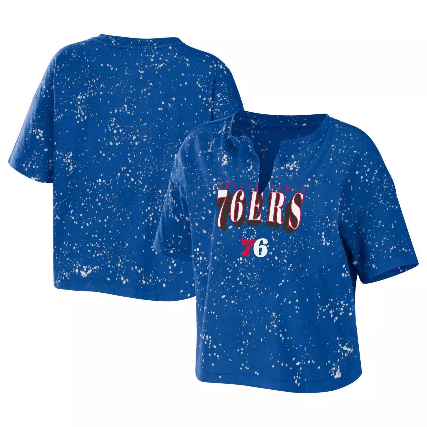 

Женская одежда Erin Andrews Футболка Royal Philadelphia 76ers Bleach Splatter с вырезом и вырезом