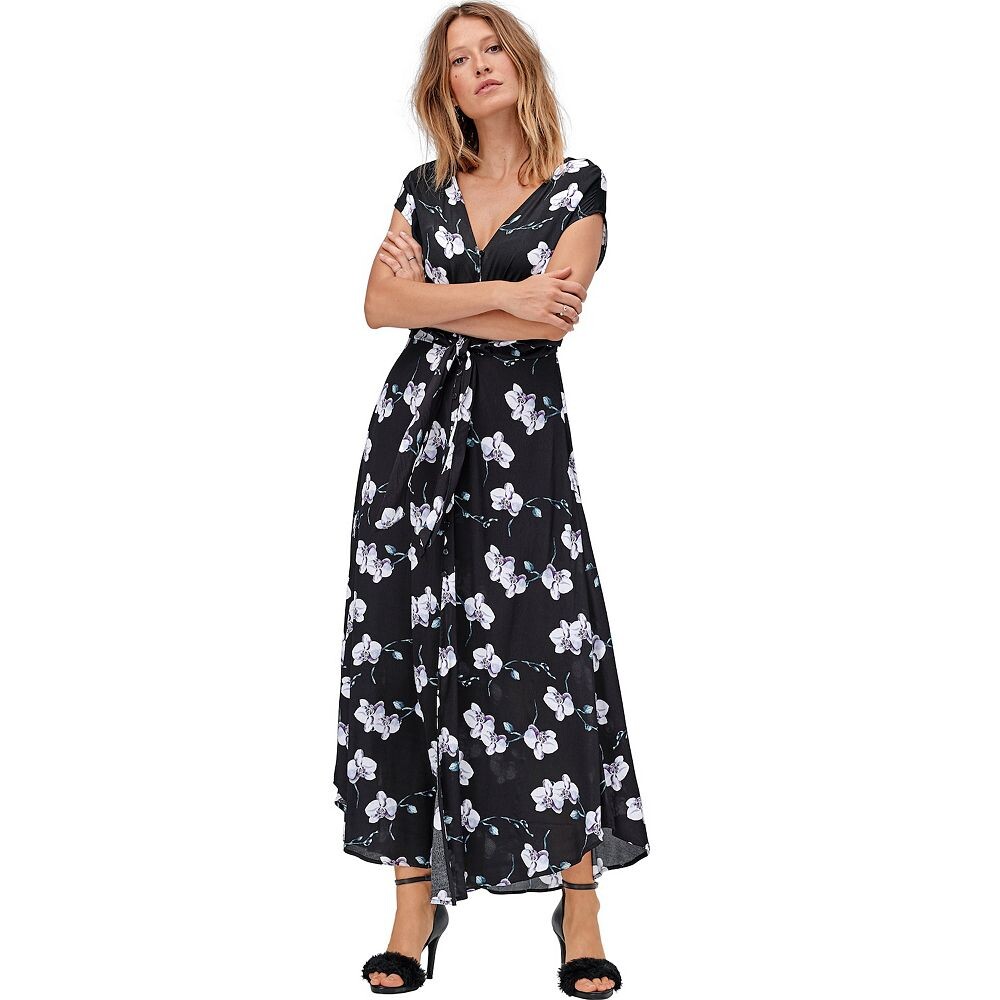

Женское платье макси Ellos больших размеров с завязкой спереди, цвет Black White Floral