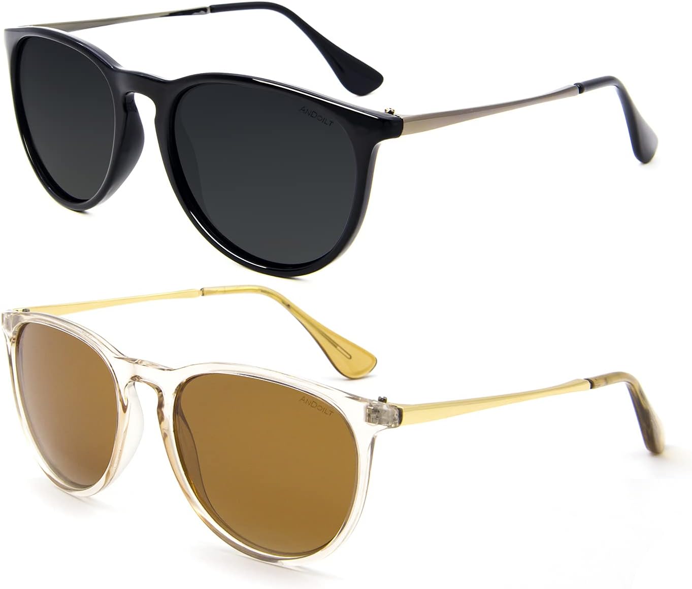 

Солнцезащитные очки ANDOILT в винтажном стиле с поляризацией, для женщин и мужчин, с защитой от УФ-излучения, ретро-дизайн, круглые зеркальные линзы, D4 2pcs Black Frame Grey Lens + Champagne