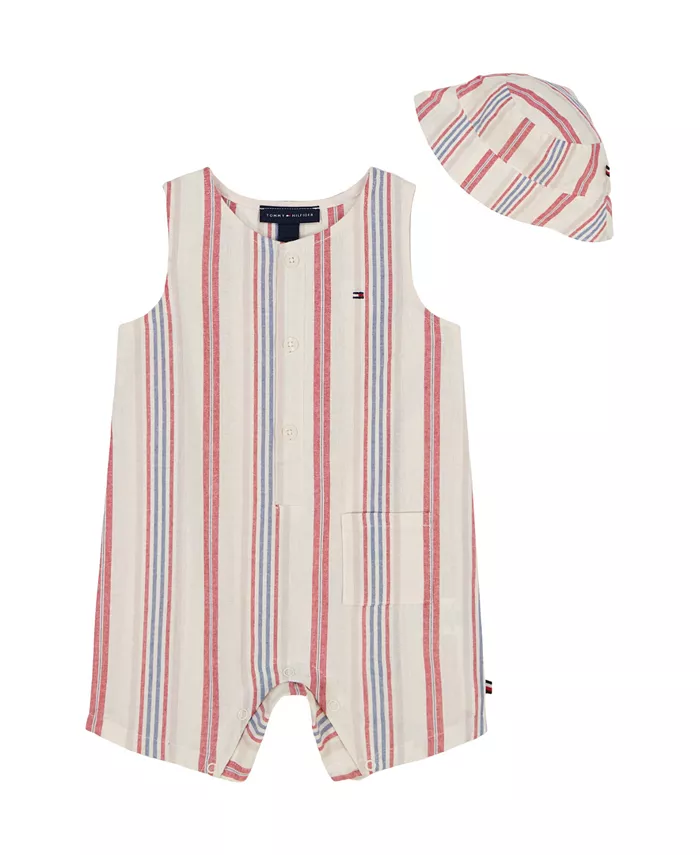 

Комплект для мальчика из 2 предметов: полосатый комбинезон без рукавов из марли и шляпа-ведро Tommy Hilfiger