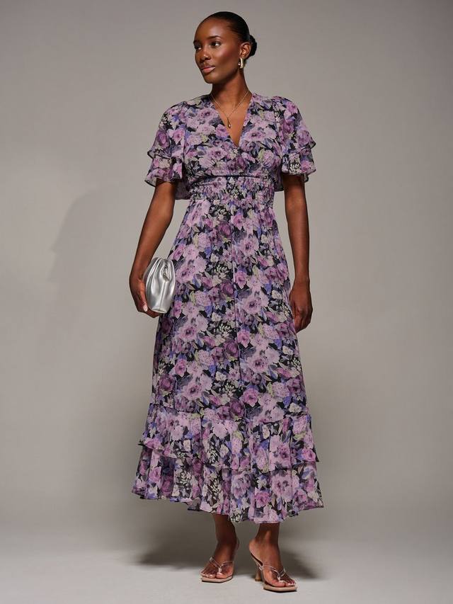 

Платье миди из шифона с цветочным принтом и рюшами Jolie Moi, Black Floral