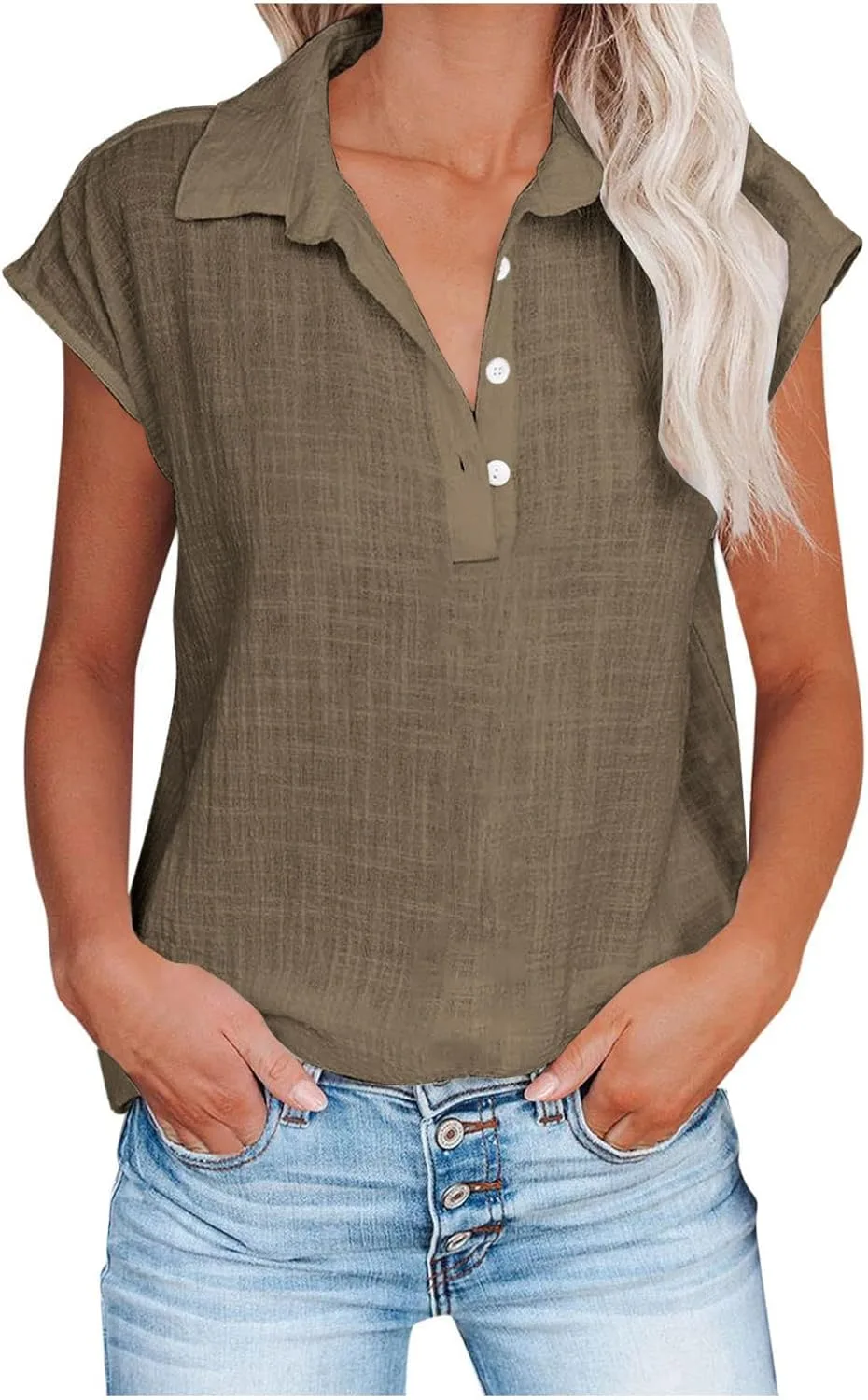 

Льняная рубашка для женщин V-образный вырез на пуговицах хенли Floleo