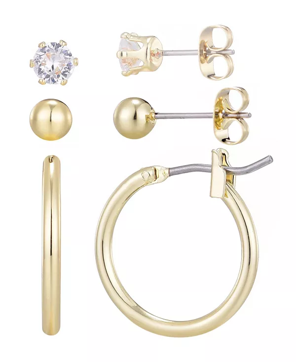 

Позолоченный комплект из кольца, сережек-солитеров и шариков Adornia, gold