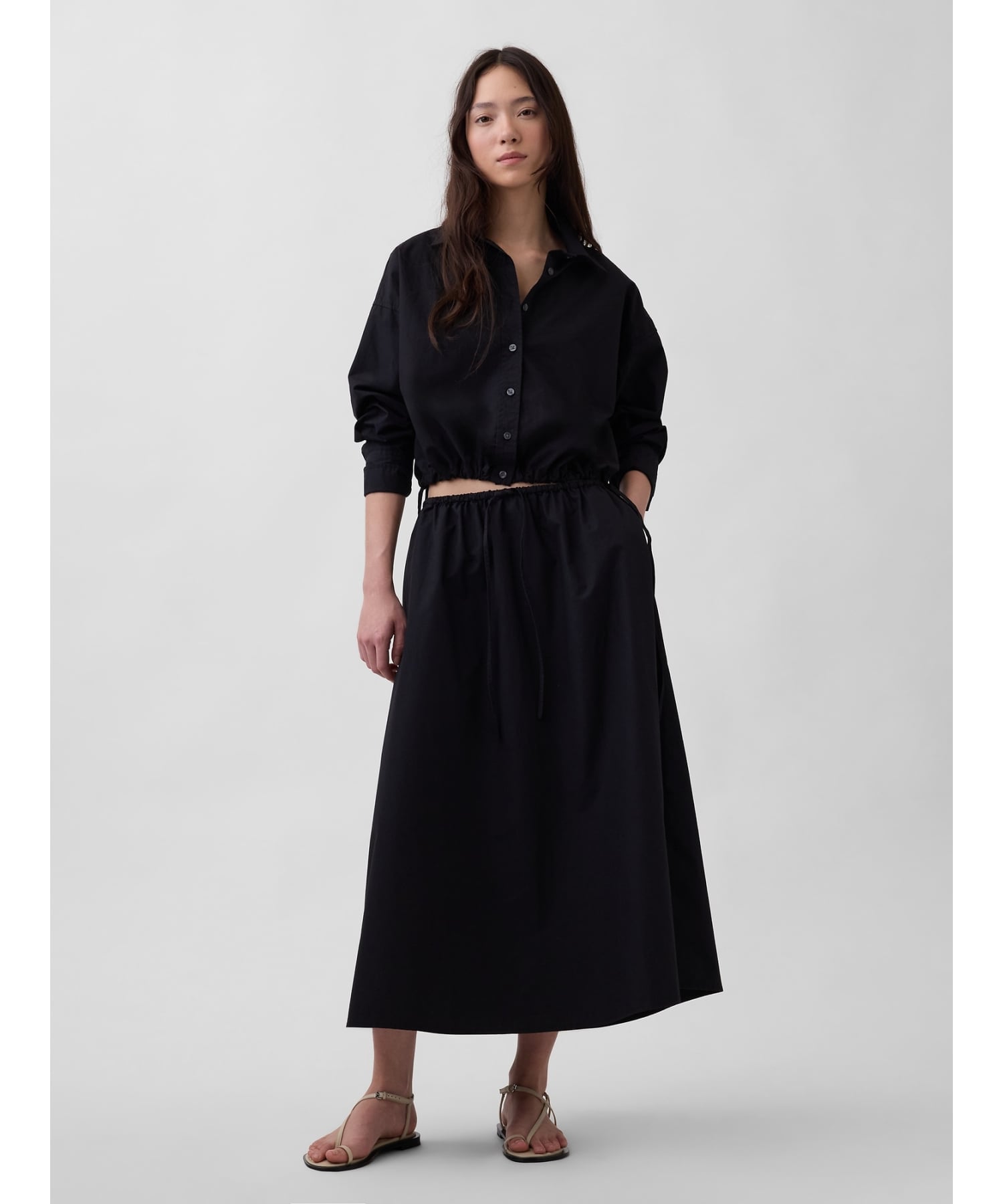 (W) Укороченная рубашка оверсайз из поплина с ленточным краем GAP, BLACK — фото 4