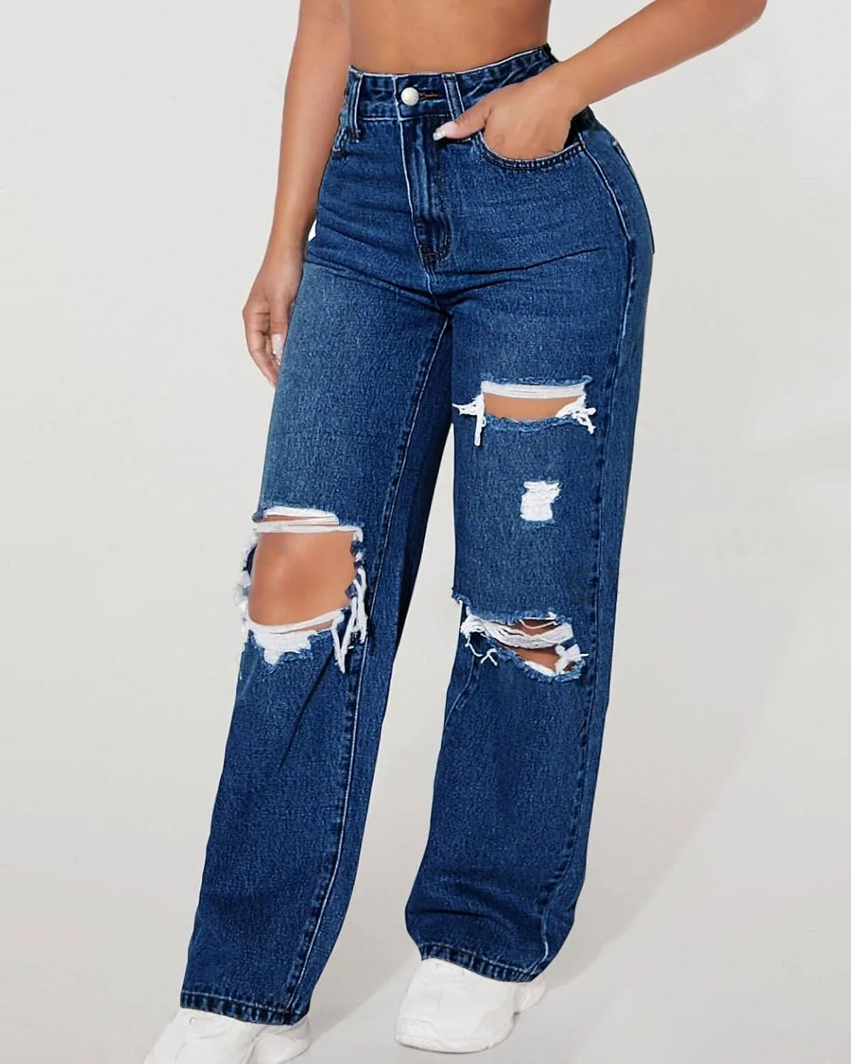GPCHAN Джинсы для женщин Ripped Straight Leg High Waisted Casual Loose Distressed Boyfriend — фото 2