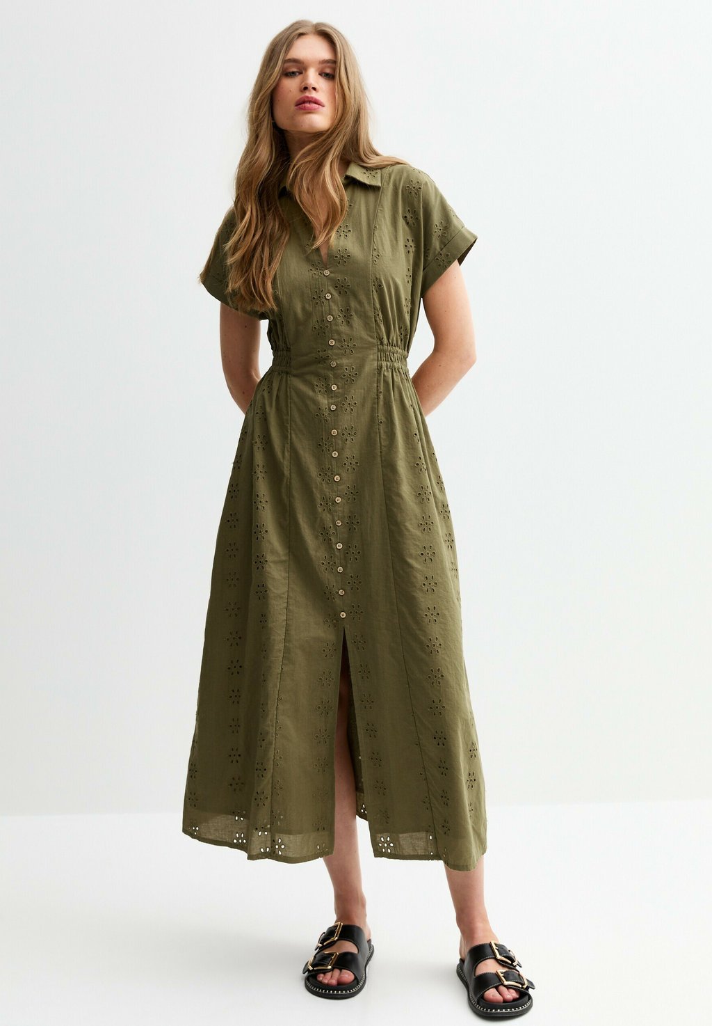 

Платье-рубашка BRODERIE ANGLAISE V-NECK MIDI New Look, хаки