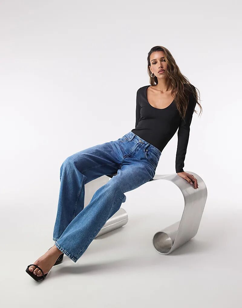 

Боди Good American с глубоким круглым вырезом и длинными рукавами, черного цвета