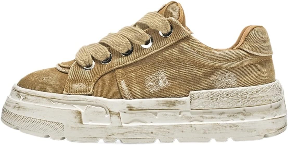 

Винтажные джинсовые кроссовки для мужчин с мягкой подошвой на платформе для повседневных прогулок, путешествий и повседневной ношения, с оверсайз-хлопковыми шнурками, изношенной подошвой и дышащей подкладкой Ctkvbmeoi, бежевый