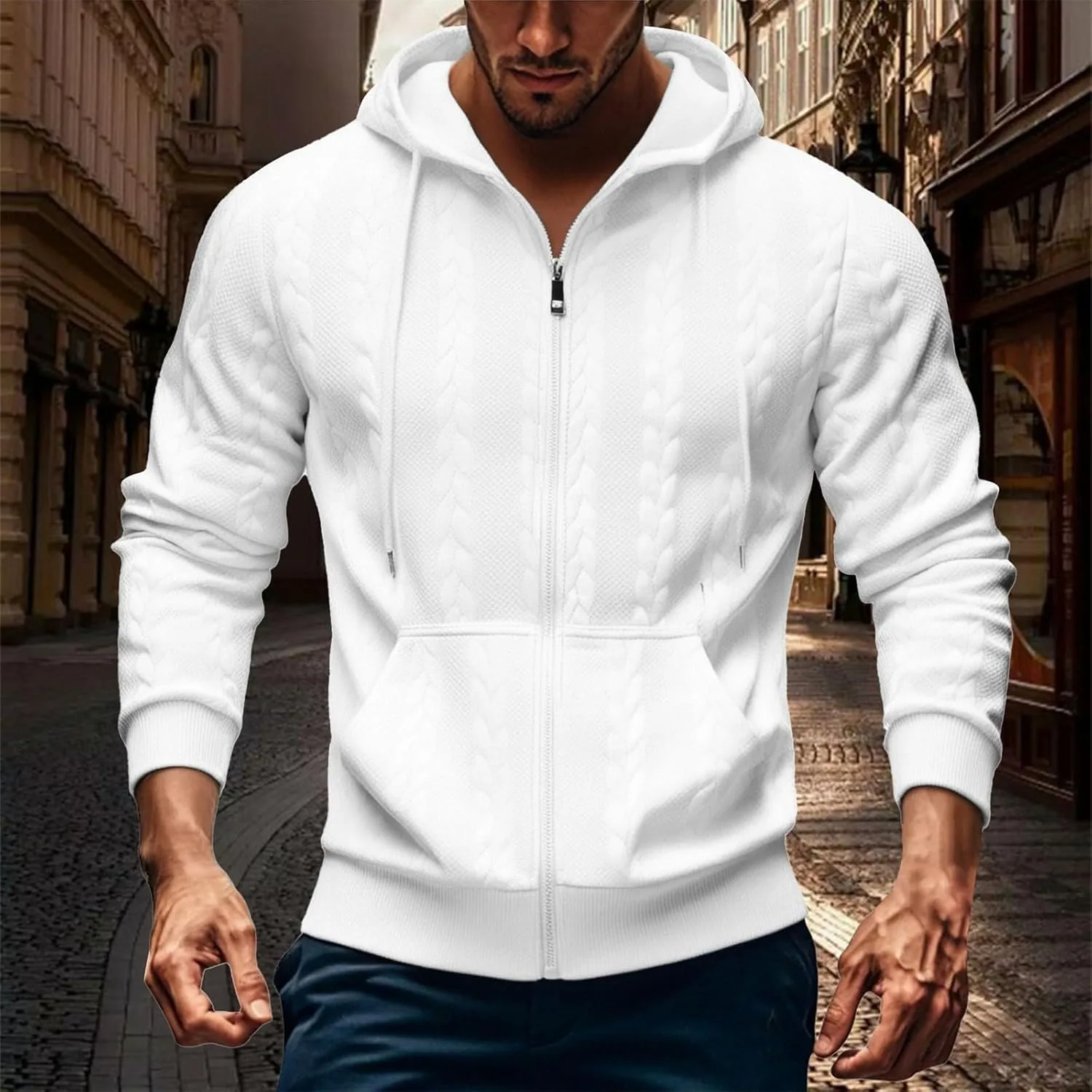 Толстовка с капюшоном Full Zip для мужчин, осенняя, Casual, с текстурой Cord Jacquard — фото 2