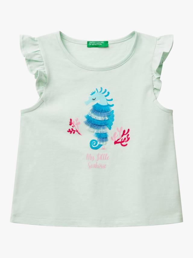 

Детский топ с бахромой и оборками на рукавах в виде морского конька Benetton, Teal Green