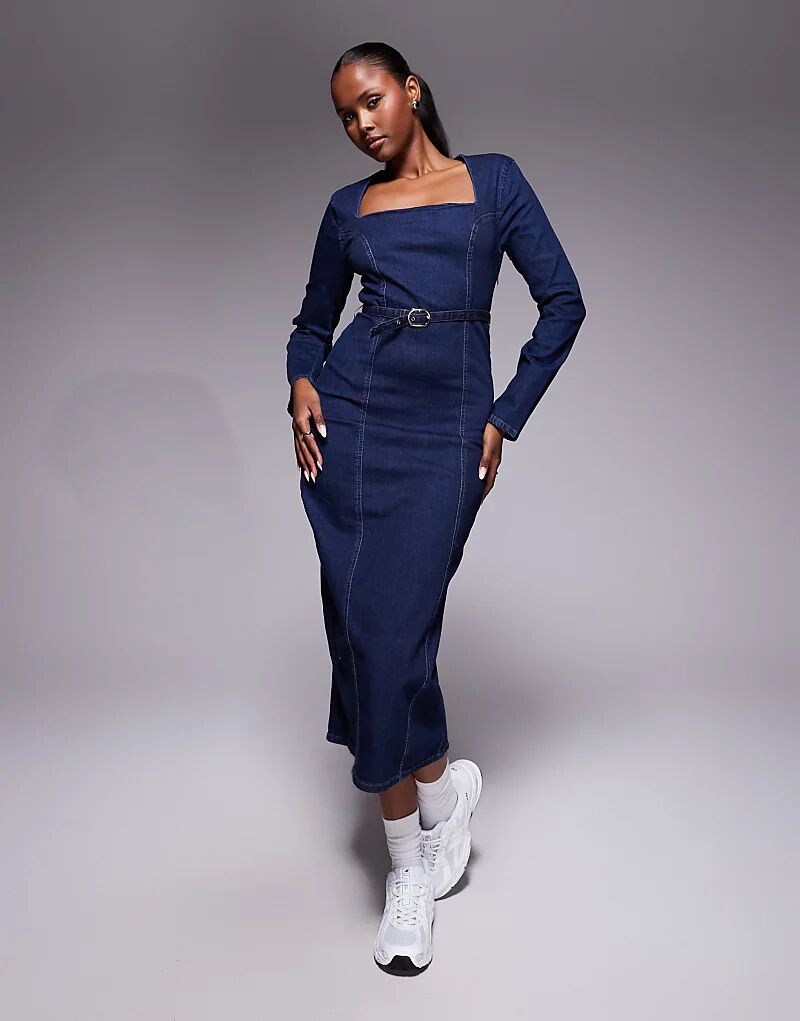 

Облегающее платье River Island из денима с поясом темно-синего цвета