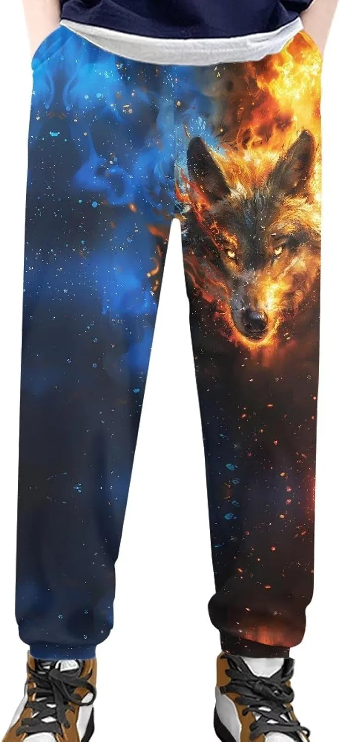 Спортивные штаны Ystardream Baggy Boys с передним карманом, которые можно носить с худи для создания уличного стиля, Stylish Flame Wolf