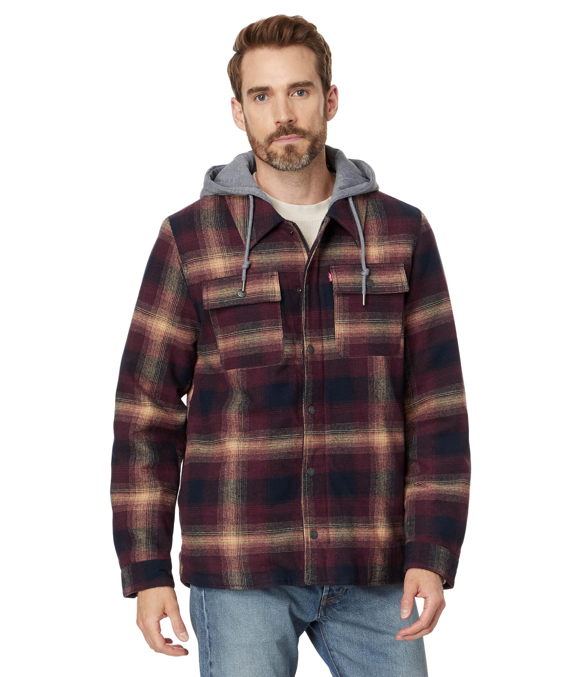 

Куртка Levi's Washed Cotton Shirt Jacket With A Jersey Hood And Sherpa Lining, Red Ombre PlaidSee Less