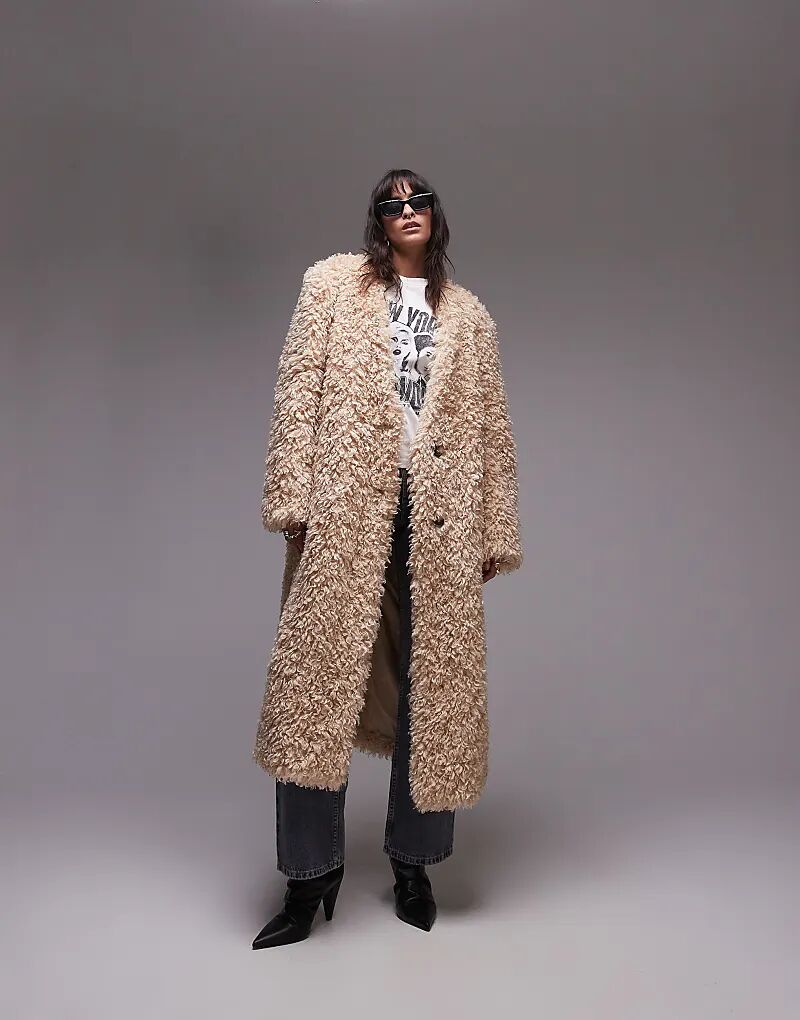 

Длинное пальто из искусственного меха без воротника медового цвета Topshop