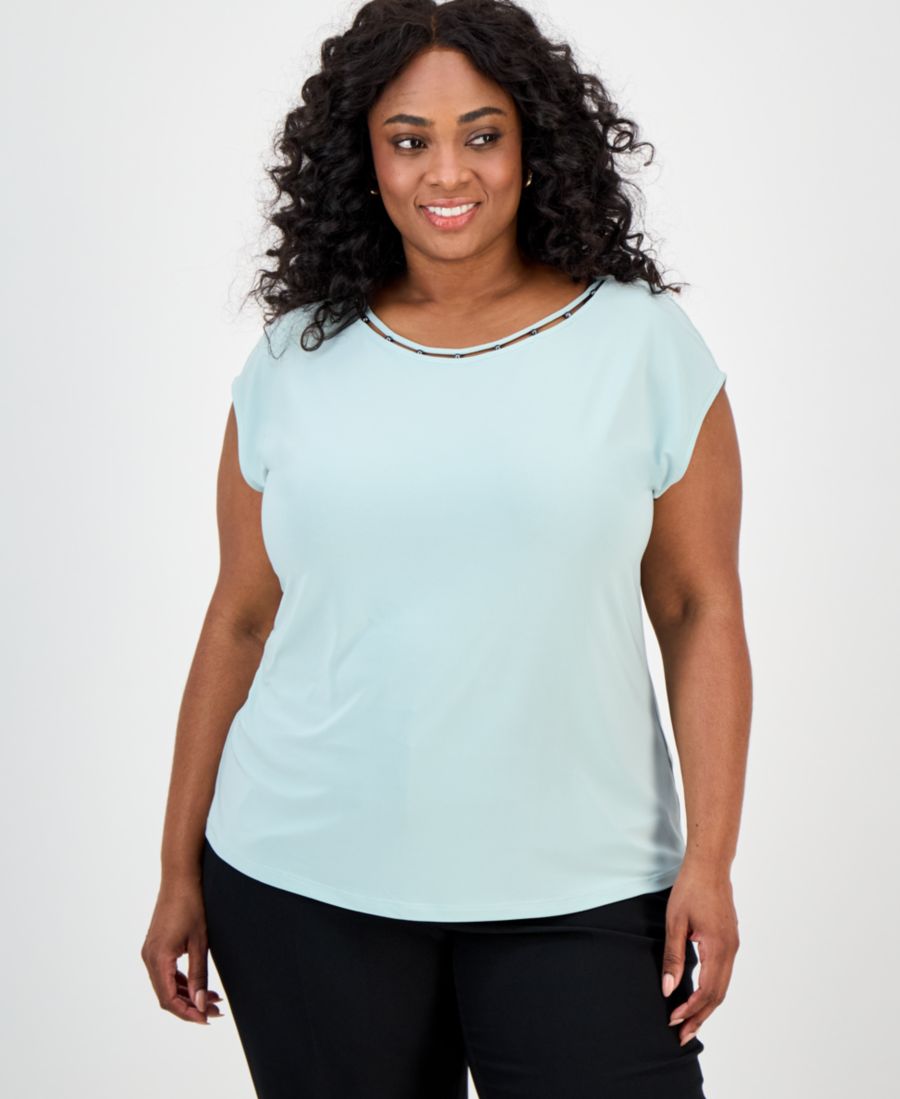 

Топ большого размера с короткими рукавами и вырезом, украшенным бисером Kasper, Sea Glass