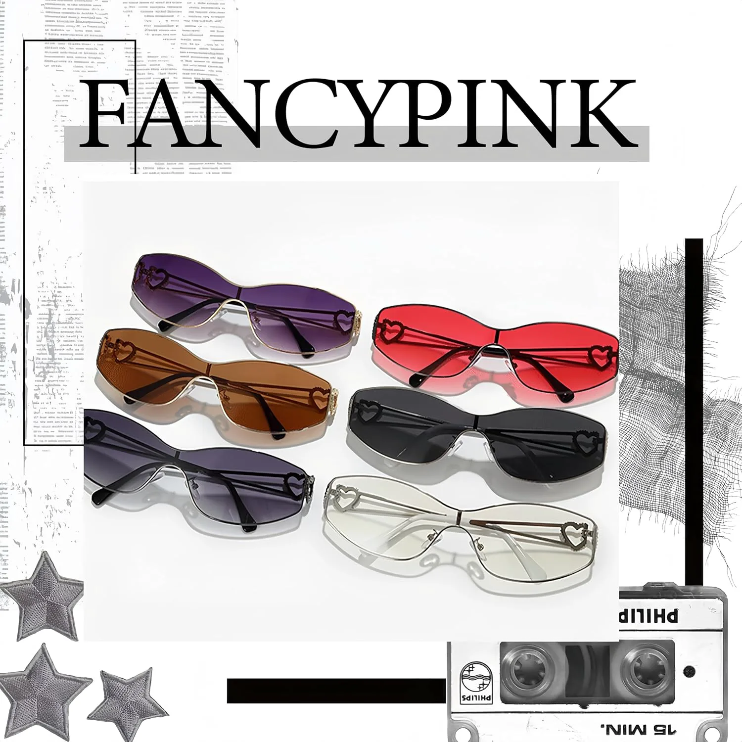 

Модные футуристические солнцезащитные очки FancyPink Oversized для женщин - винтажные с двойным сердцем, стильный оттенок 2000-х годов, A01-grey Frame Red Lenses