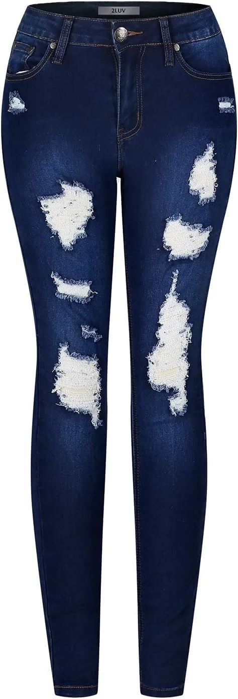 

2LUV Женские растягивающиеся рваные скинни джинсы в темном дениме