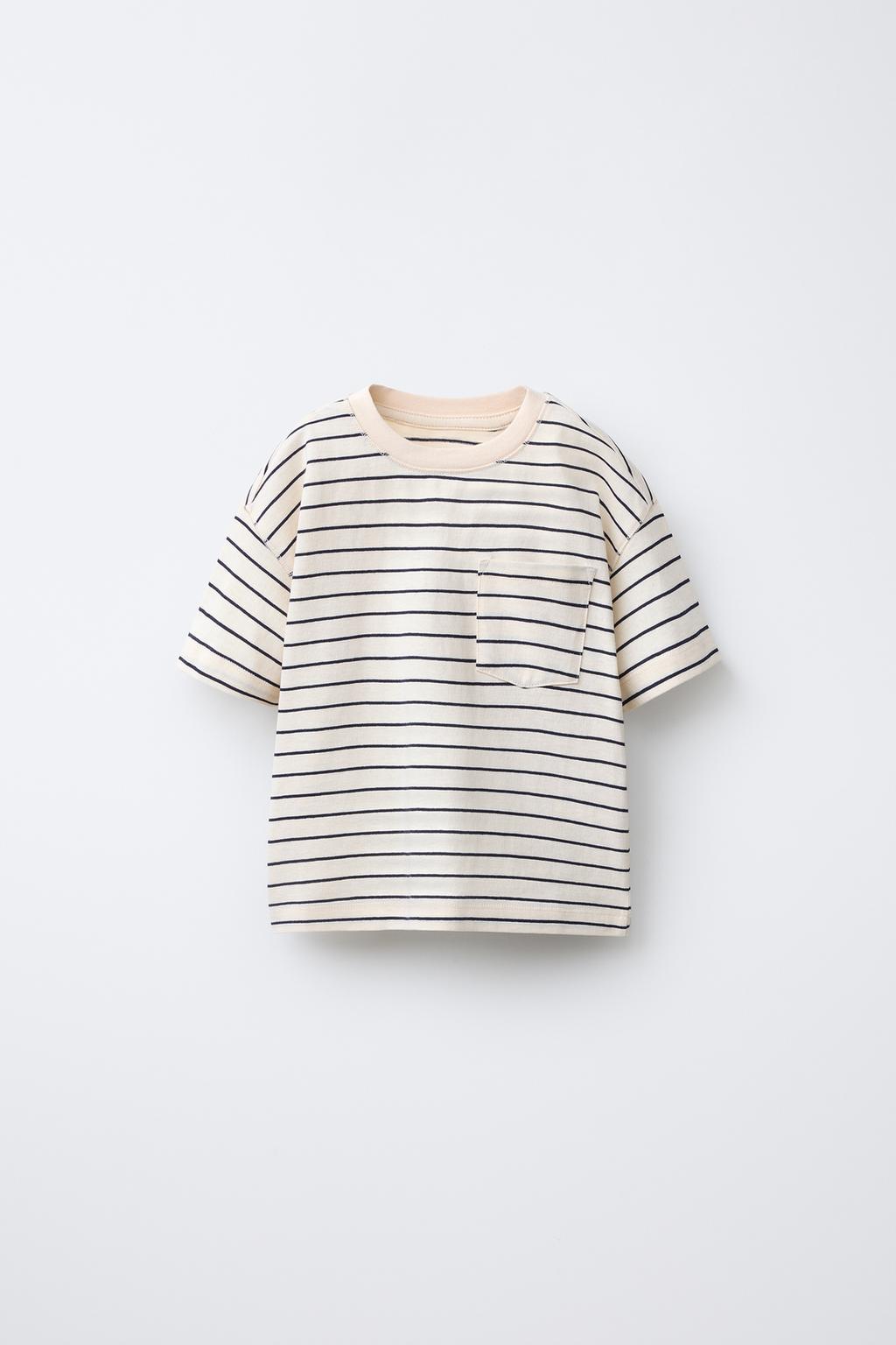 

Футболка в тканую полоску с карманом ZARA, цвет Ecru/Navy