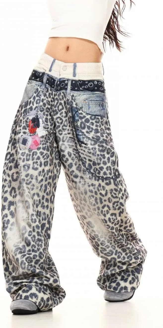 

Модные джинсы с леопардовым принтом loose fit wide-leg straight leg y2k cheetah trendy streetwear GoldGalleon