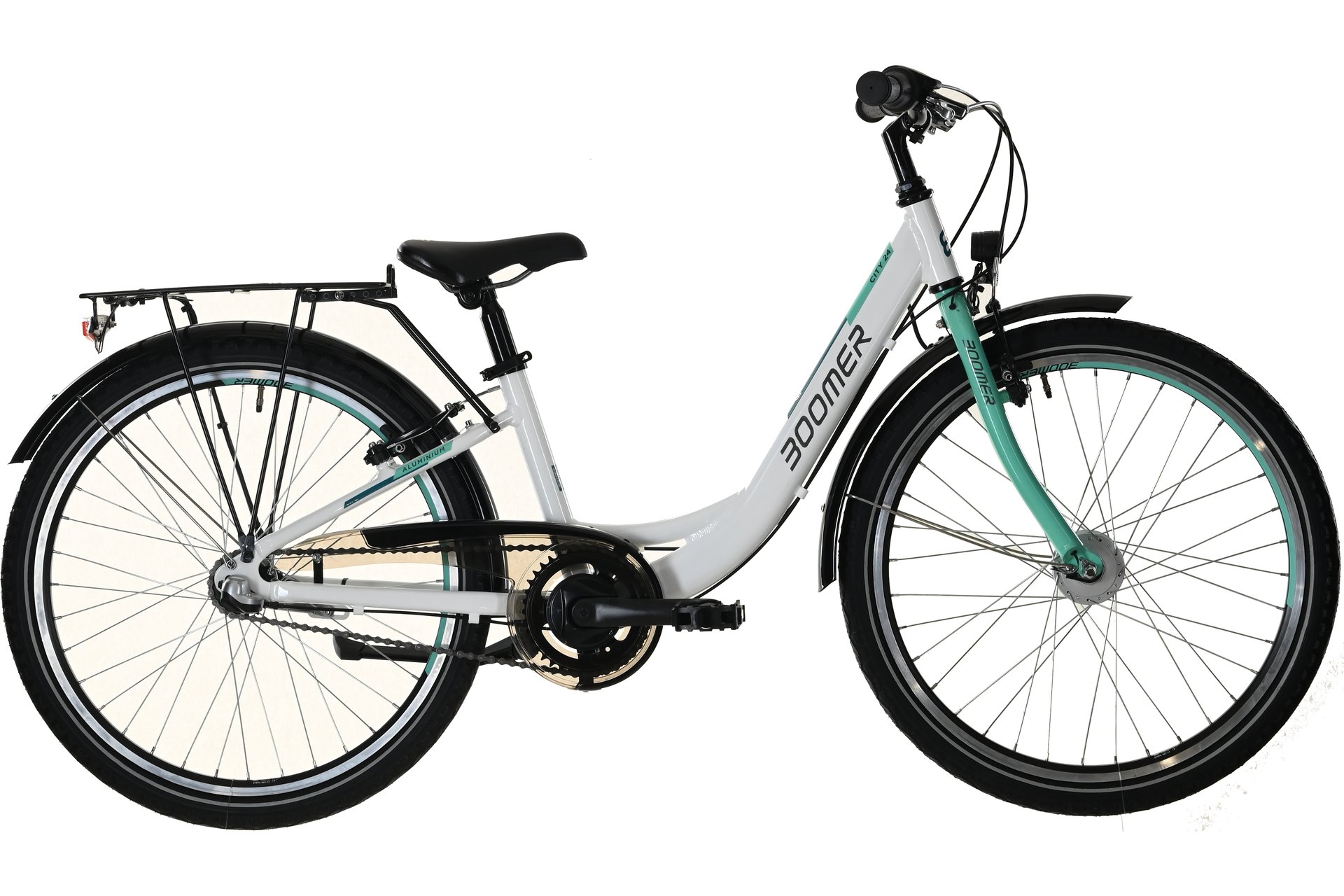 

Детский велосипед Boomer CITY 24 N3 - 24 дюймов - Tiefeinsteiger - 2024, цвет Weiß|white/light turquoise/blue