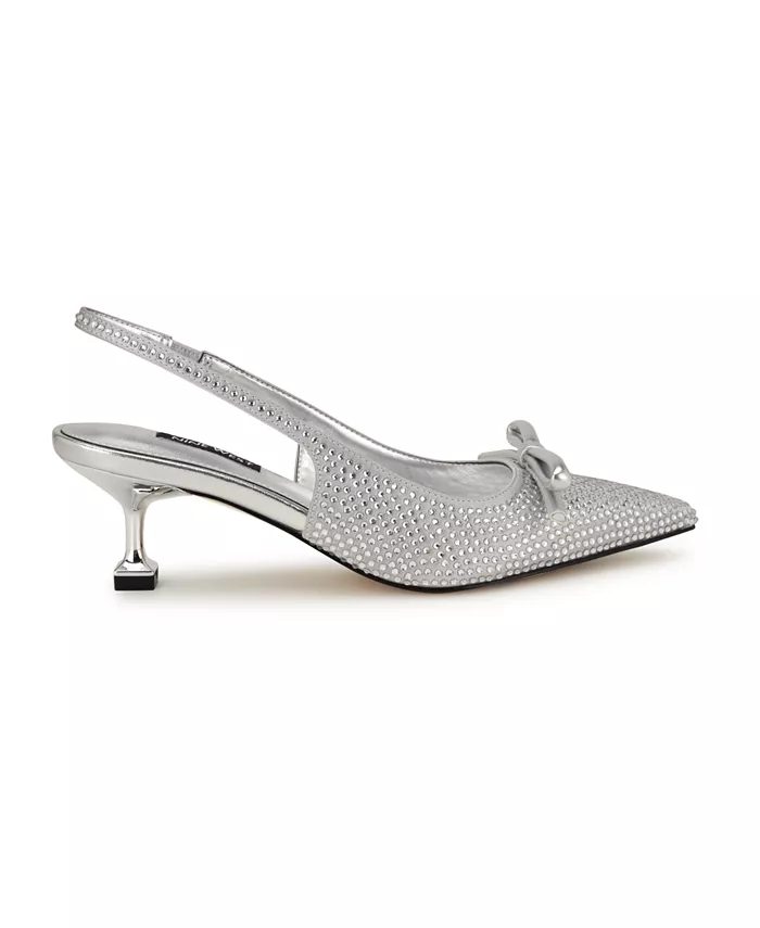 Женские украшенные туфли-лодочки Wunder на низком каблуке с ремешком Nine West, серебряный — фото 2