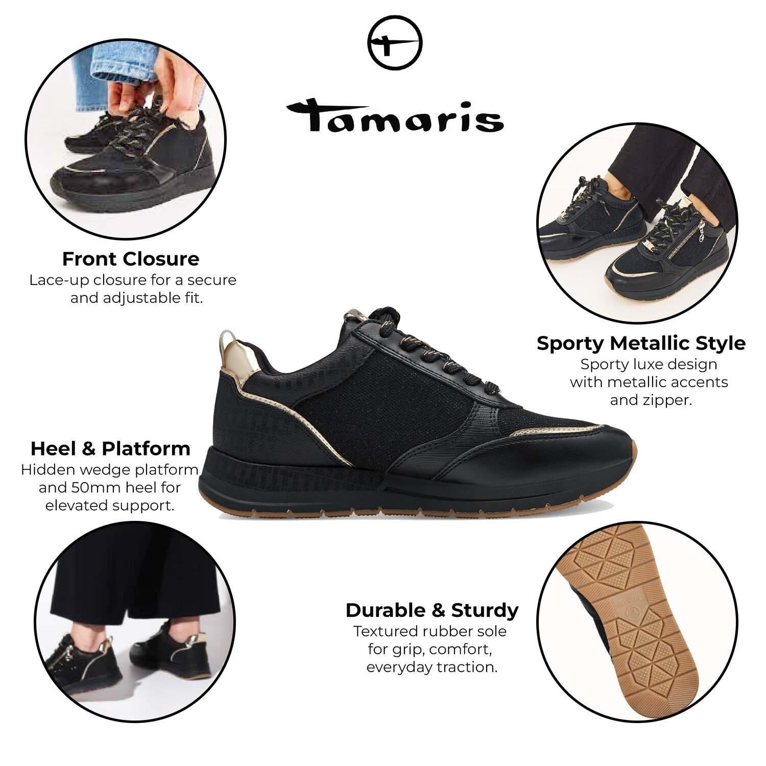 Tamaris женские черно-золотые модные кроссовки на шнуровке с молнией TMRS — фото 2