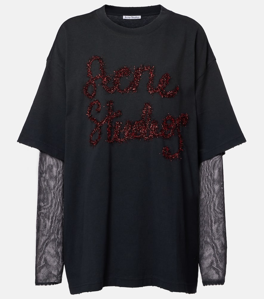 

Футболка из многослойного хлопкового джерси и сетки Acne Studios, Anthracite Grey