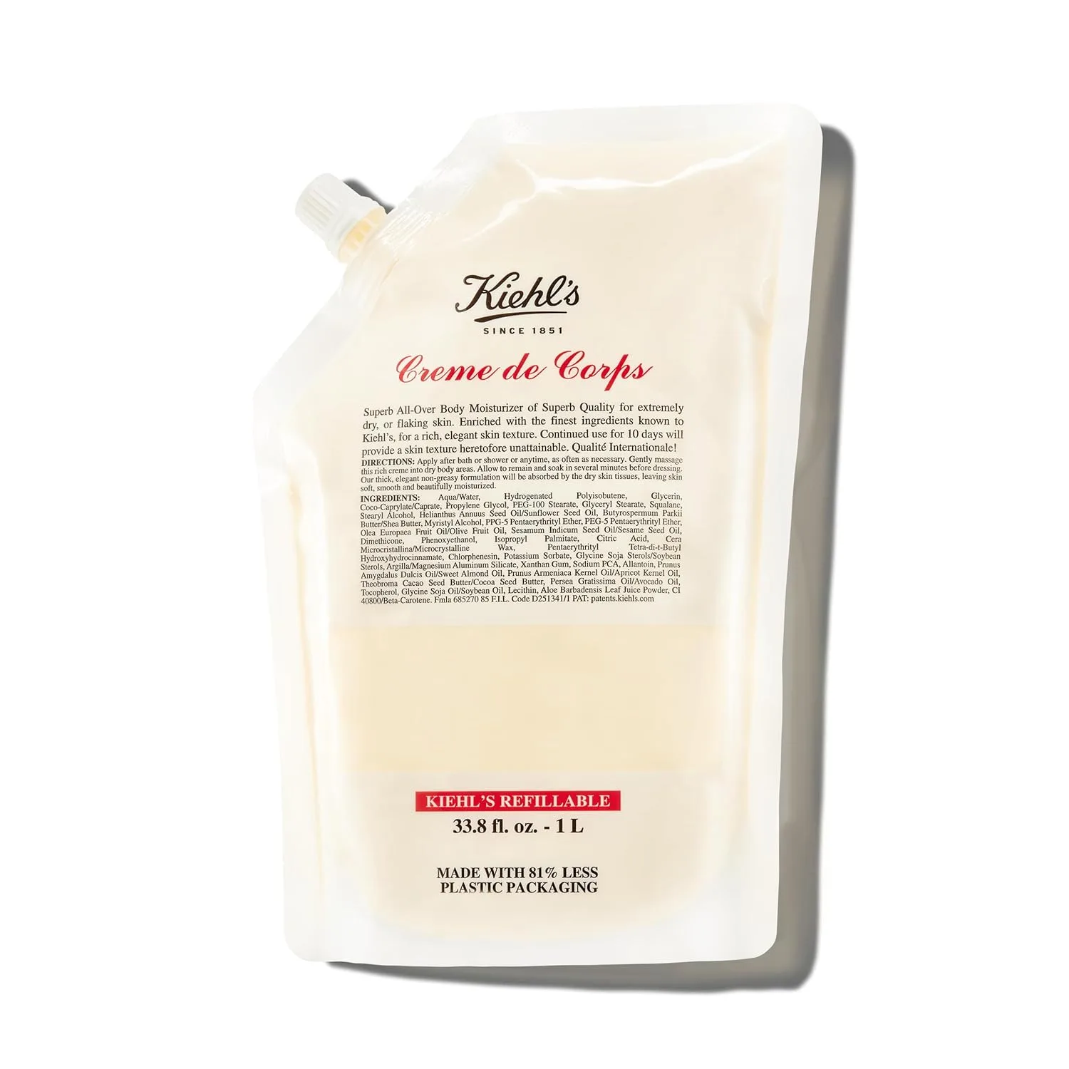 Kiehl's Creme de Corps - насыщенный, роскошный лосьон для тела с маслом какао и маслом ши для быстрого увлажнения, делает кожу мягкой и гладкой, подходит для всех типов кожи. 1000 мл / 1 литр (сменный блок)