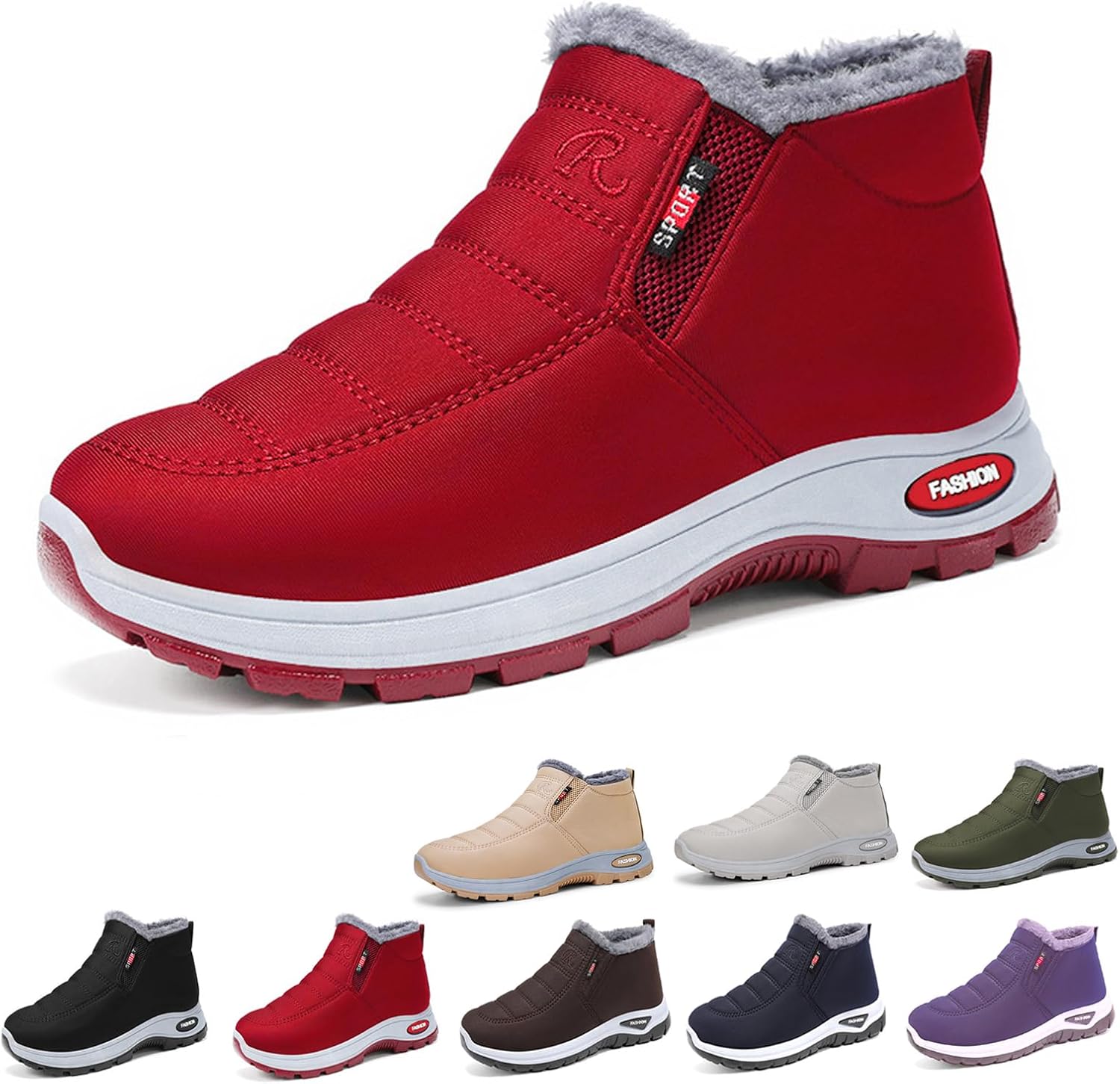 

Теплые ботинки для женщин и мужчин, ботильоны без шнурков, рождественские ботинки со снеговиками, пушистые, нескользящие, утепленные, с удобной подошвой Generic, красный