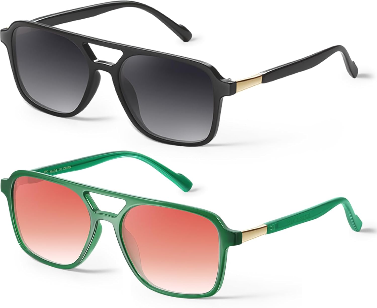 

Солнцезащитные очки GRFISIA в стиле ретро «Авиатор» для женщин и мужчин, квадратная оправа, прямоугольная форма, модные солнцезащитные очки, 2pcs Black/Gray+translucent Green/Red Grading