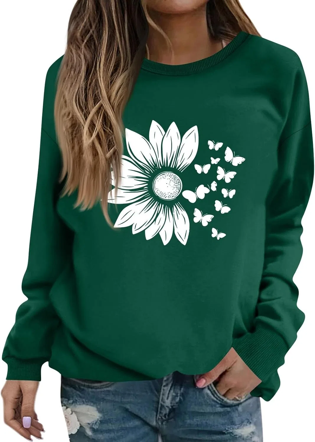 Женский свитшот с цветочным принтом, свободный крой, длинный рукав, 2-dark Green