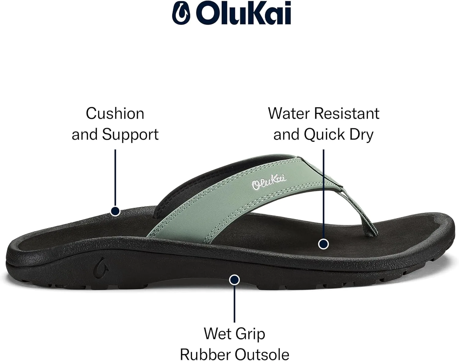 Мужские пляжные сандалии OLUKAI Ohana, водонепроницаемые шлепанцы, поддержка свода стопы и комфортная посадка, легкие и прочные, улучшенное сцепление и устойчивость, зеленый/черный — фото 4