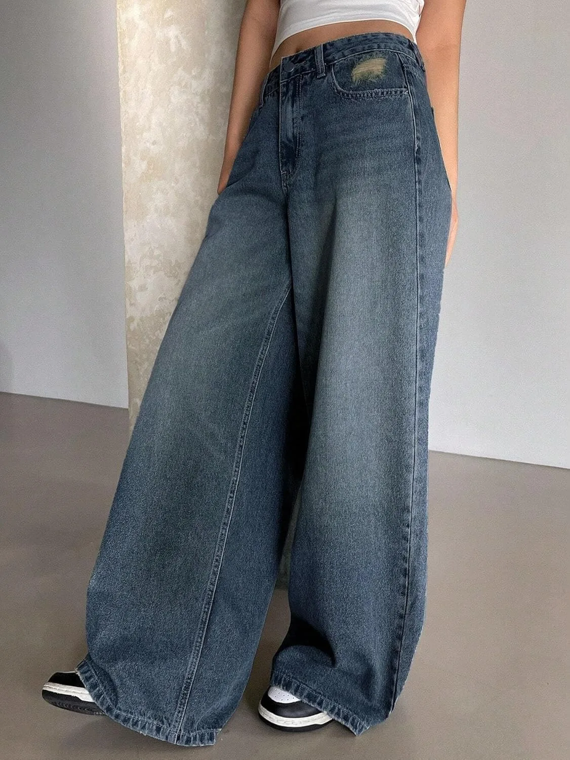 Женские классические джинсы Wide-Leg с карманами и пуговицами Generic, Dark Wash — фото 4