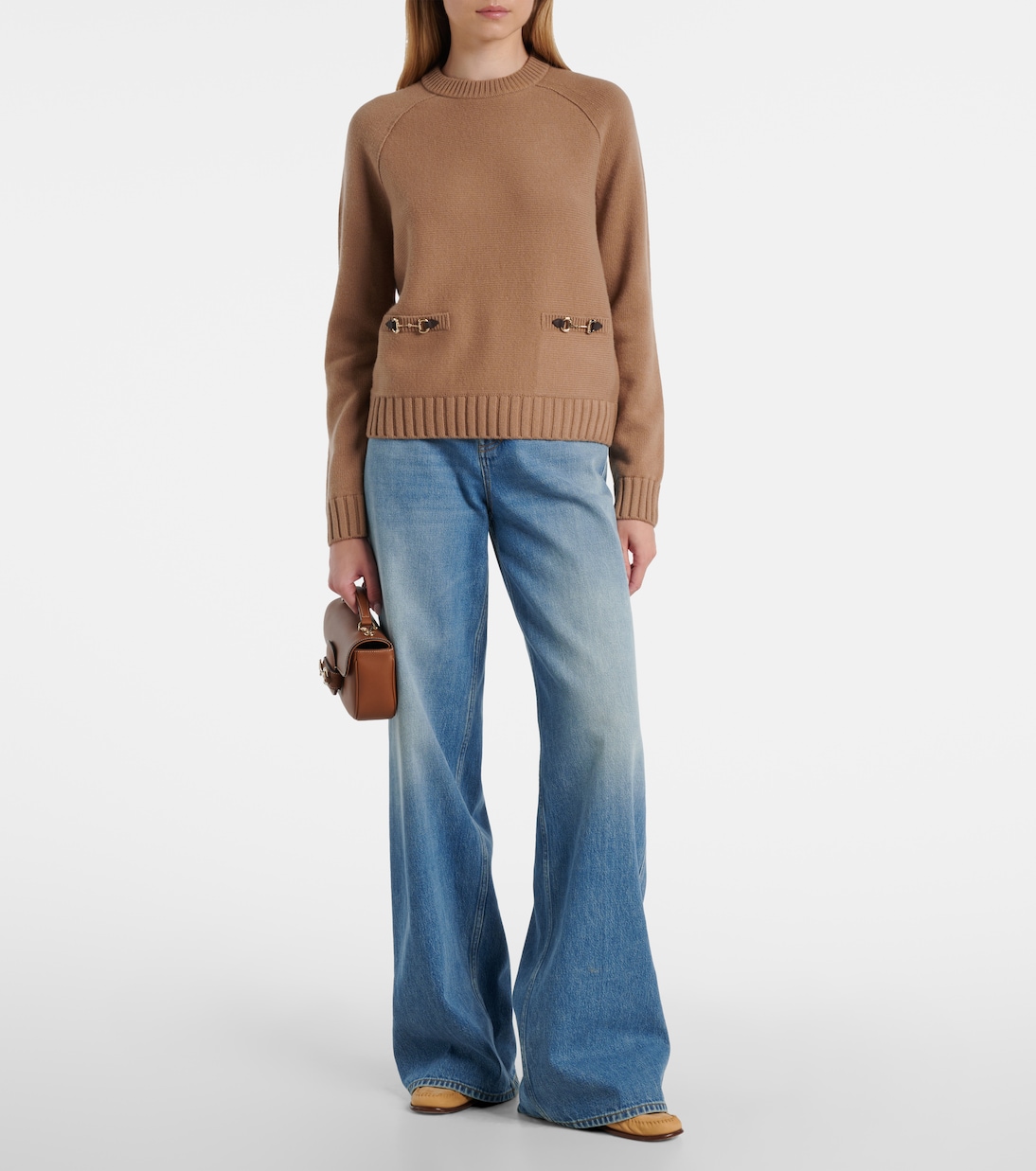 Свитер Gucci Horsebit, с кожаным элементом, бежевый — фото 2