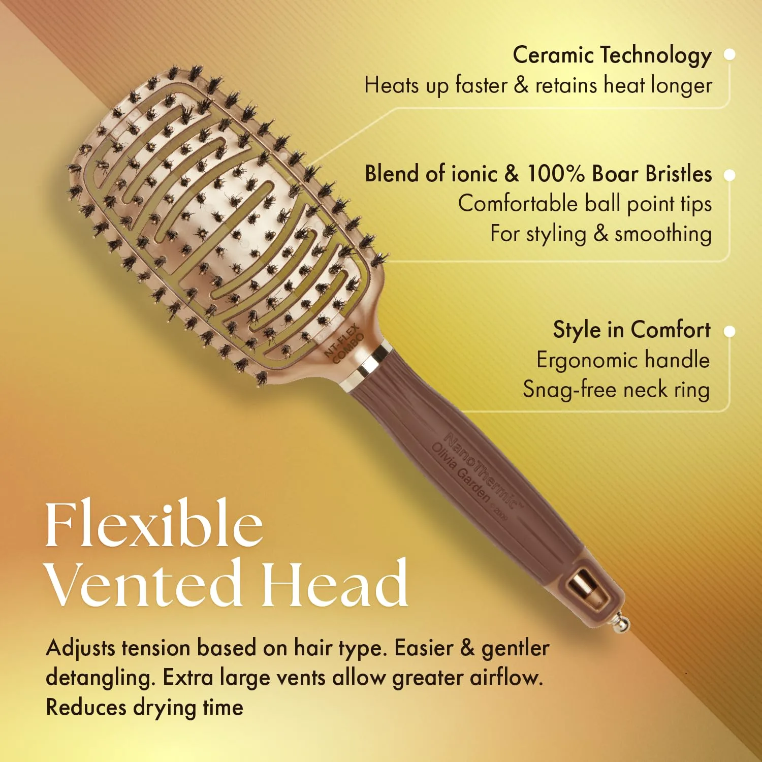 Расческа для волос Olivia Garden NanoThermic Ceramic + Ion Flex с плотным прилеганием к коже головы и вентиляцией Комбо — фото 4