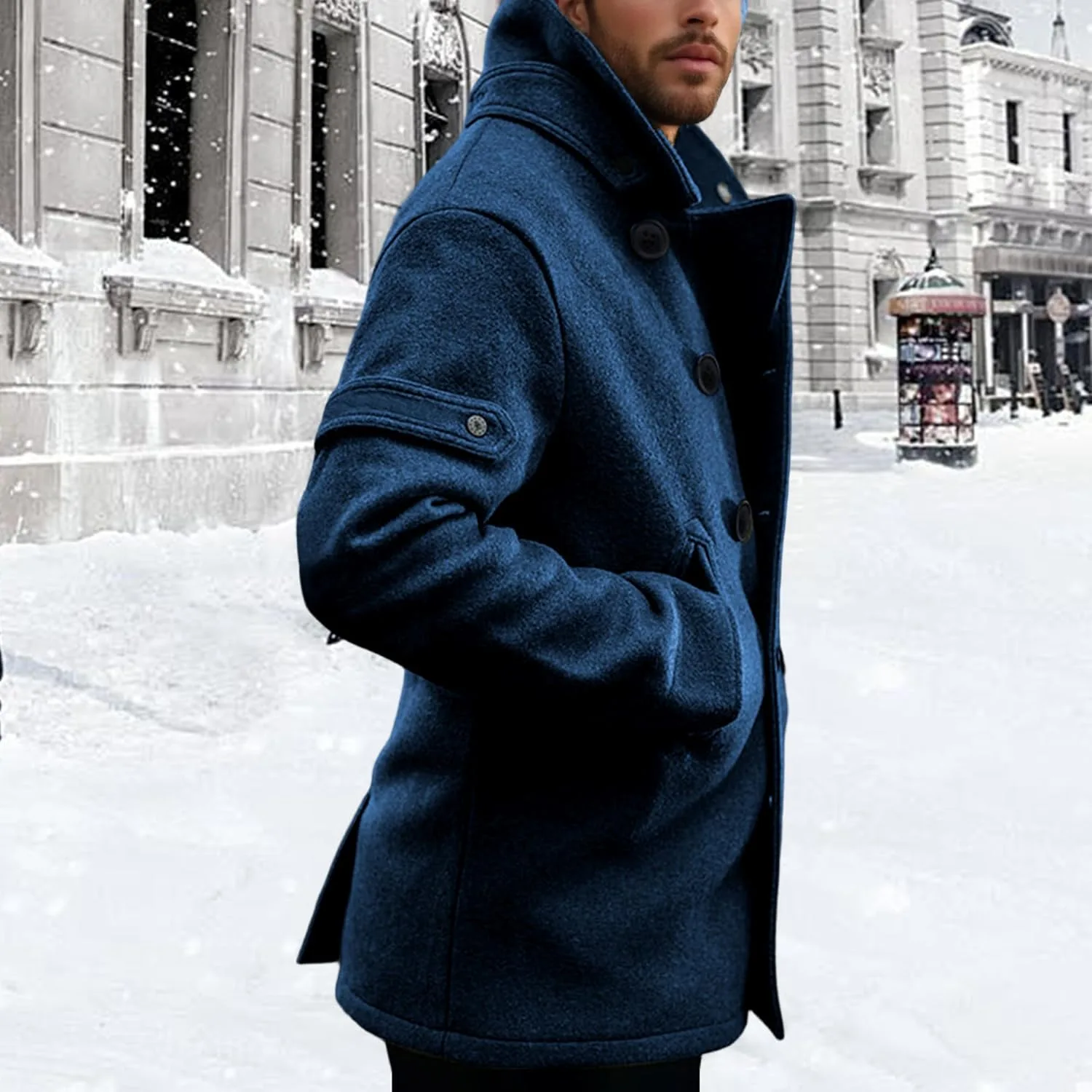 Пальто pea coat для мужчин, зимнее тренч, классический лацкан, официальный пиджак Generic, синий — фото 3