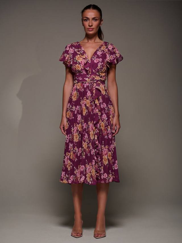 

Платье миди из цветного шифона с плиссированными рюшами Jolie Moi, Fuchsia Floral