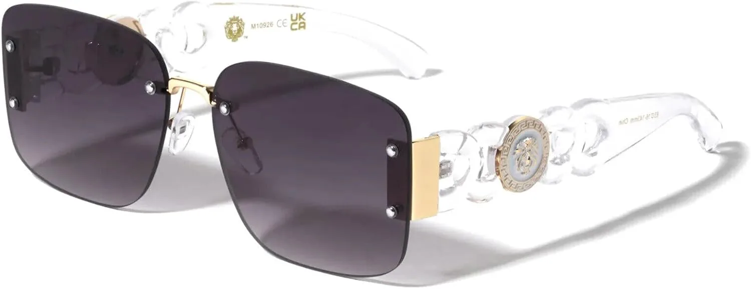 

Солнцезащитные очки Dweebzilla Square Rimless Lion Head Medallion Chain в стиле ретро с дизайнерской цепочкой, Transparent & Gold Frame - Black Gradient Lens