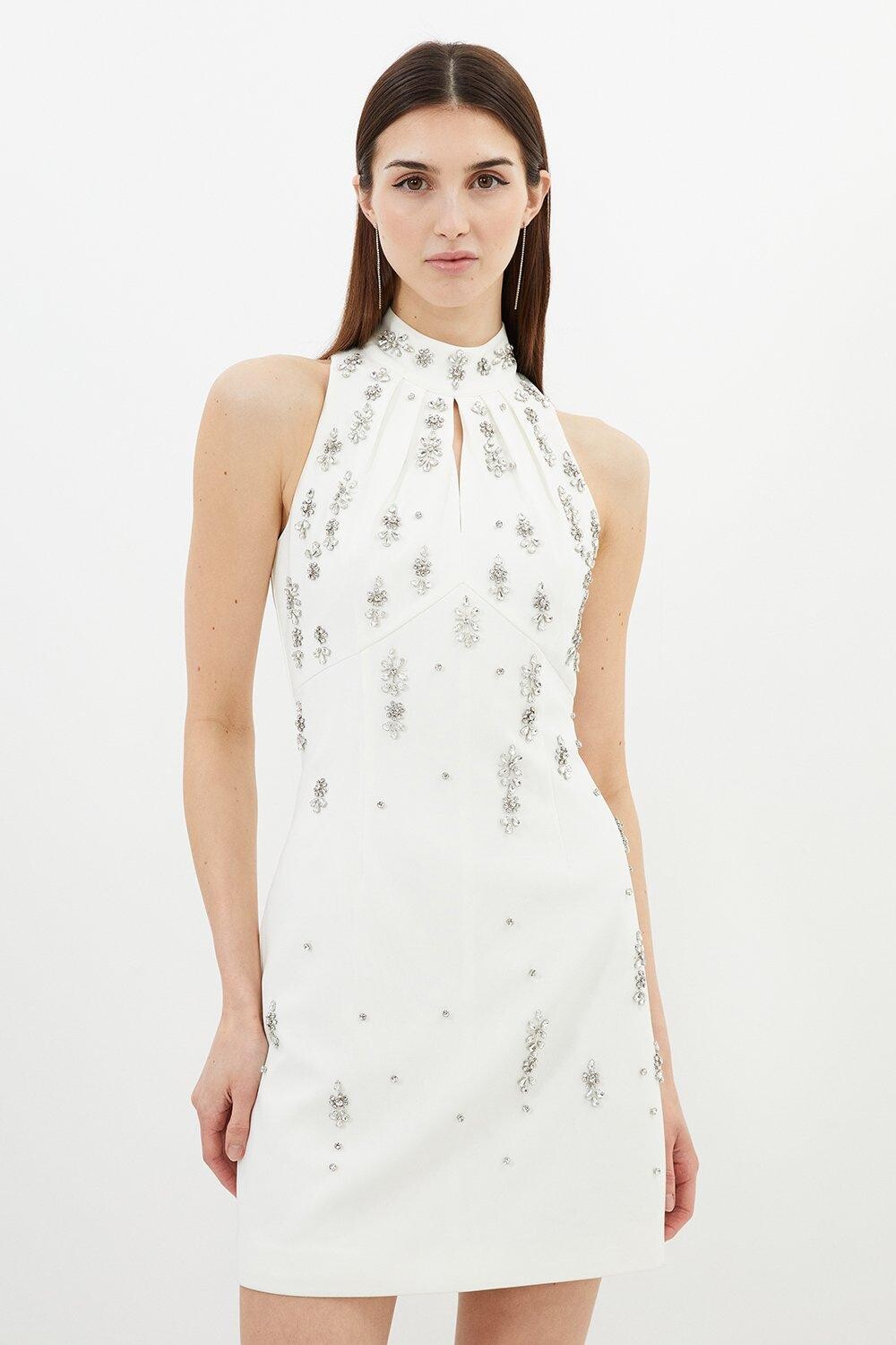 

Мини-платье с лямкой на бретельках, украшенное кристаллами Karen Millen, белый