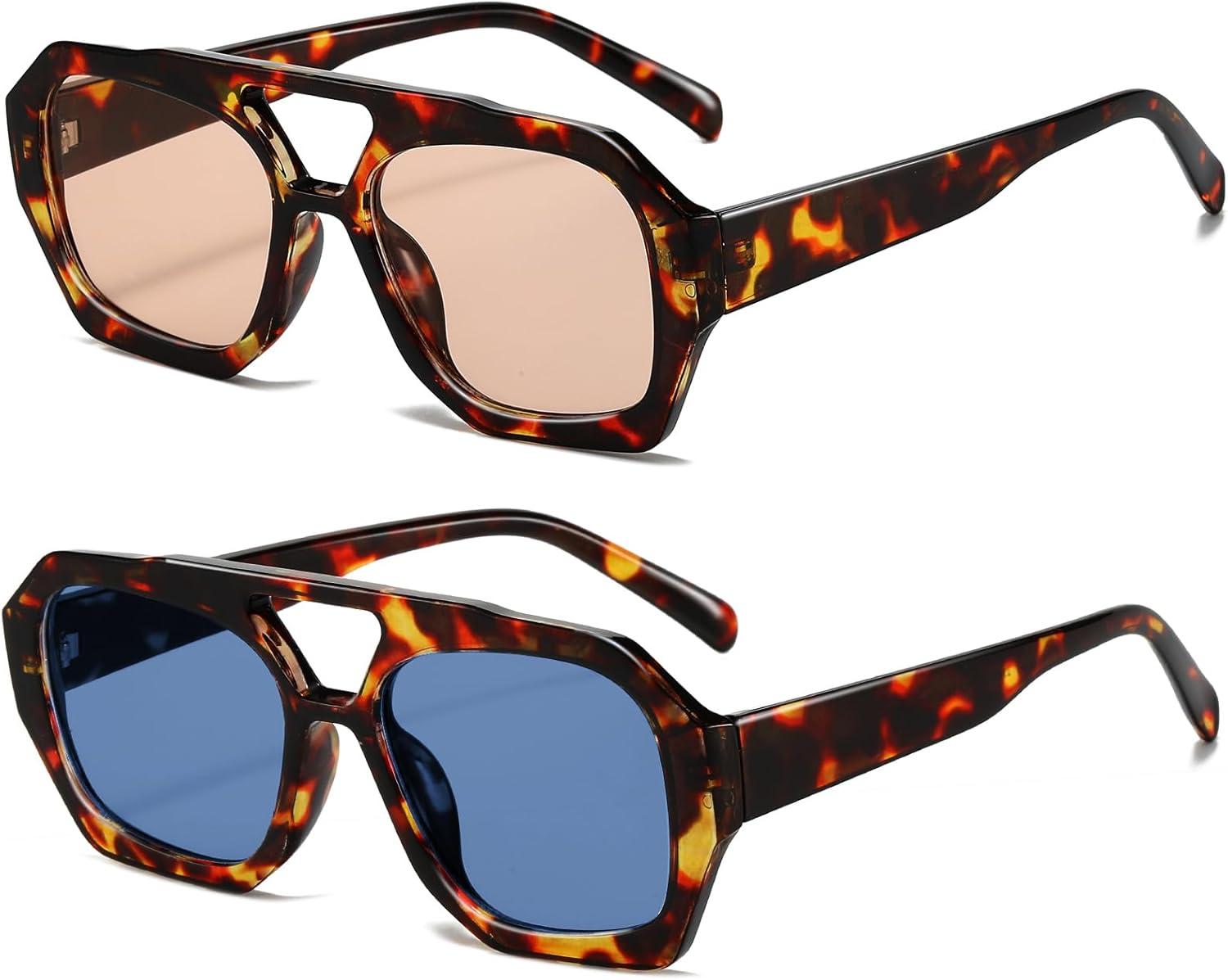 

Ретро-солнцезащитные очки-авиаторы для женщин и мужчин, модные в стиле 70-х, шестиугольные, квадратные, с двойной перемычкой, винтажные солнцезащитные очки Breaksun, 2 Pack (a Tortoise/Light Brown+tortoise/Blue)