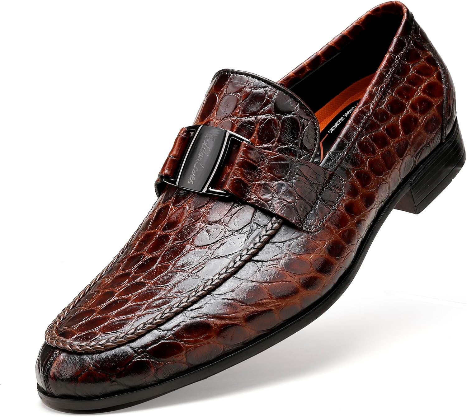 

Мужские кожаные лоферы с монеткой, классические деловые туфли с тиснением под крокодила, с металлической пряжкой, без застежки, с монеткой для мужчин Generic, коричневый