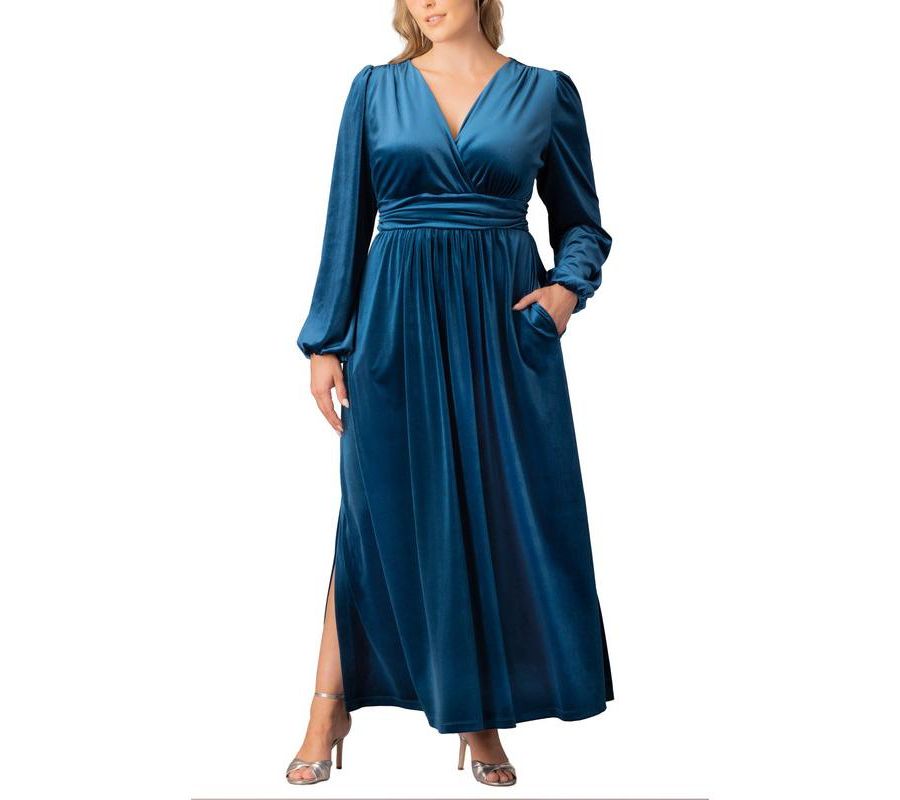 

Вечернее платье Vivienne большого размера с длинными рукавами, из бархата, с карманами Kiyonna, Teal topaz