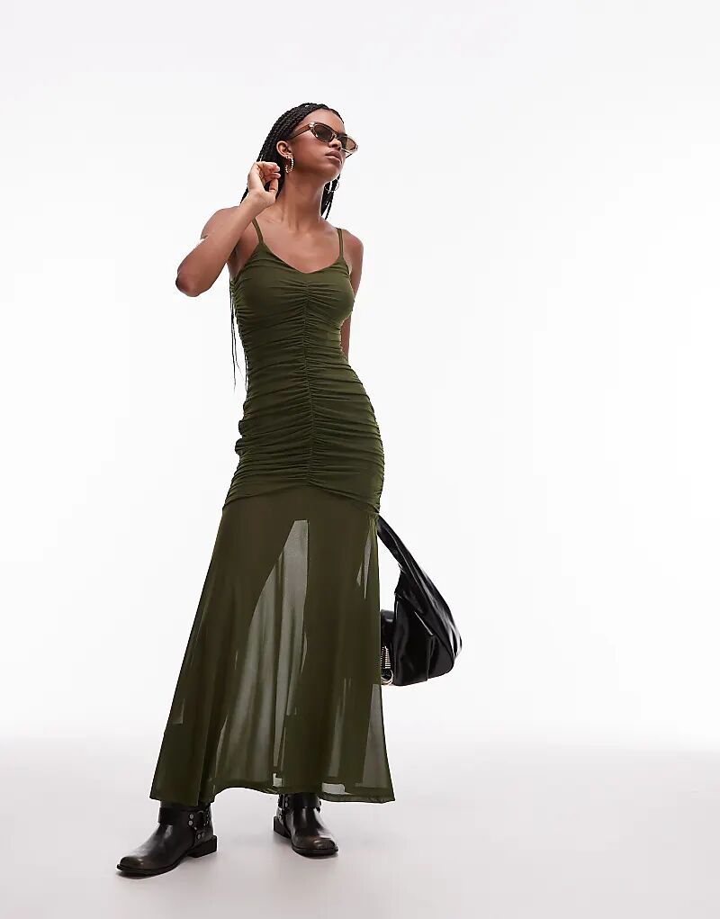 

Платье макси с сетчатой отделкой и бретельками ASOS DESIGN цвета хаки