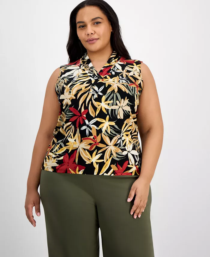 

Женская блузка с V-образным вырезом и тройной складкой, принтованная, plus size Anne Klein, черный